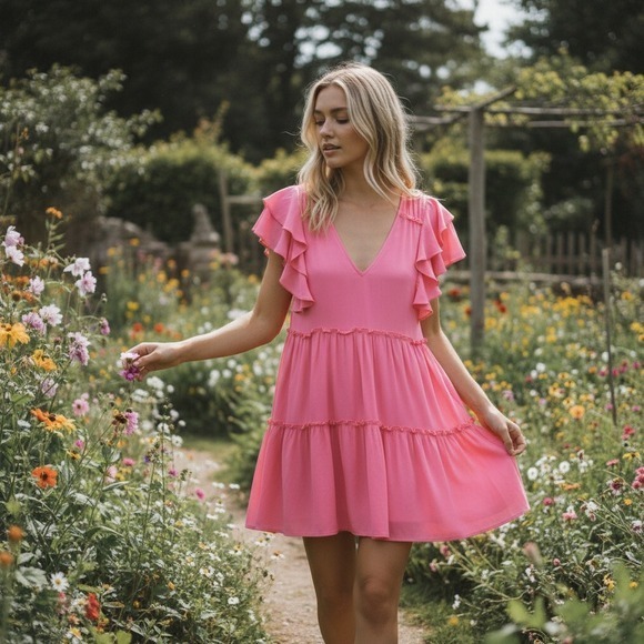 TART Eli Flutter Sleeve Tiered Dress Chateau Rose Pink Large $194 - Picture 12 of 12